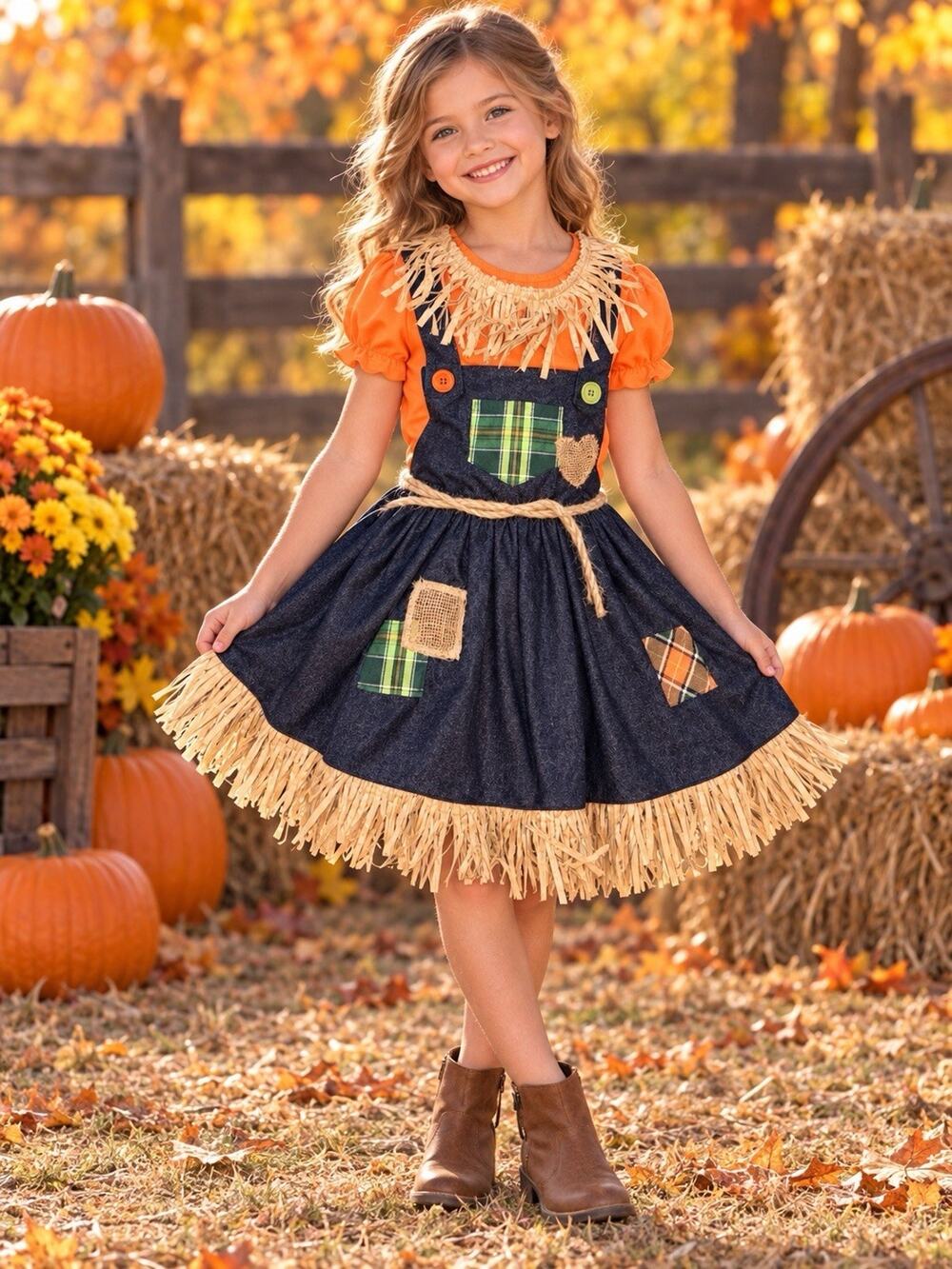 Girls Pumpkin Patch 6-7 Halloween Scarecrow Dress Costume Dress Hat